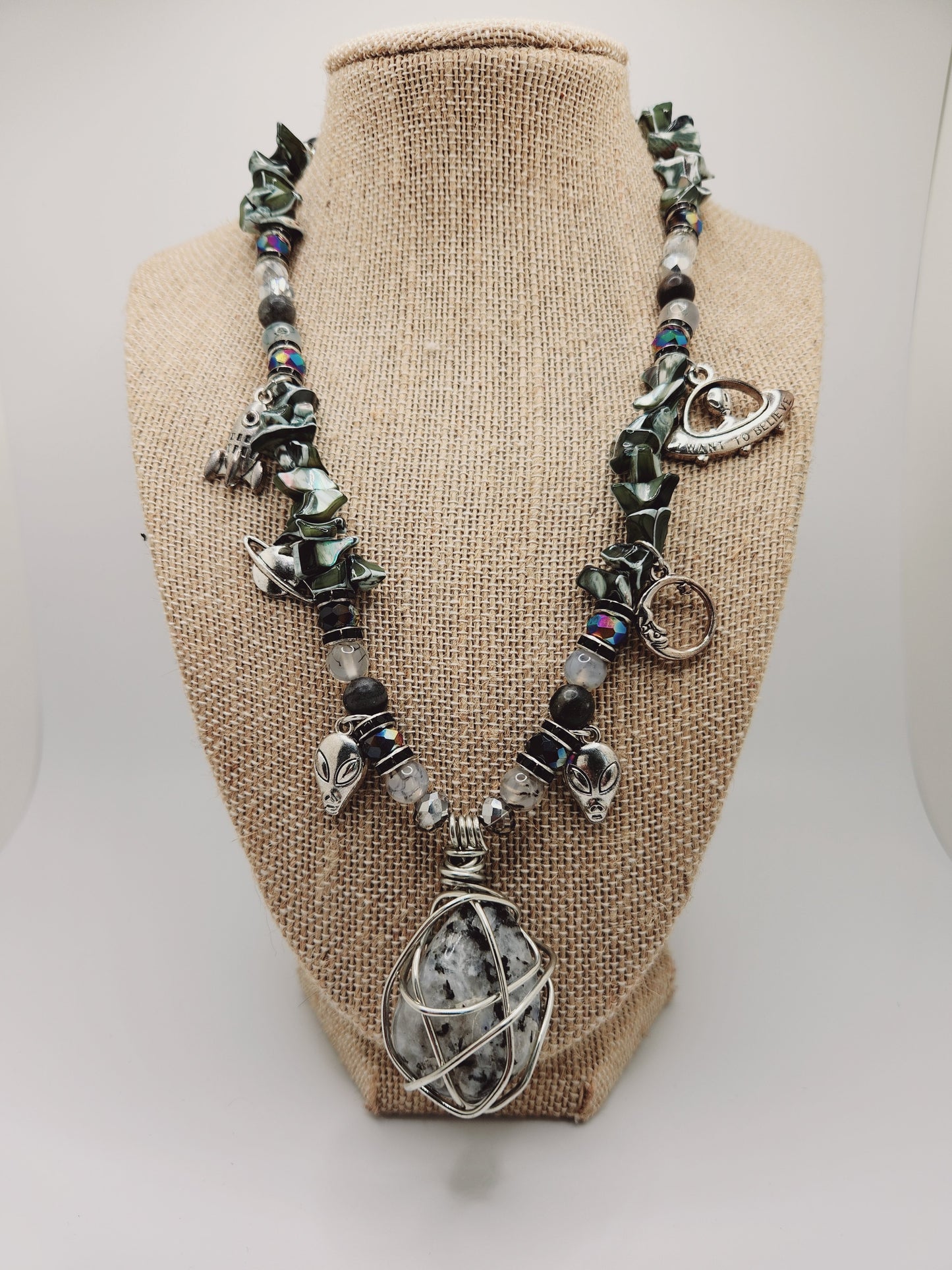 Moonstone Necklace with Charms, Wire Wrap Crystal Necklace