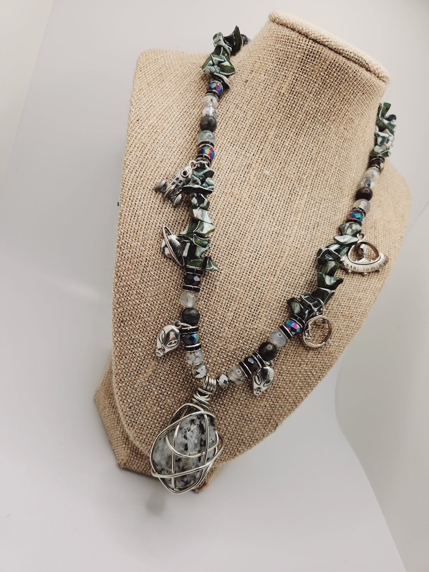 Moonstone Necklace with Charms, Wire Wrap Crystal Necklace