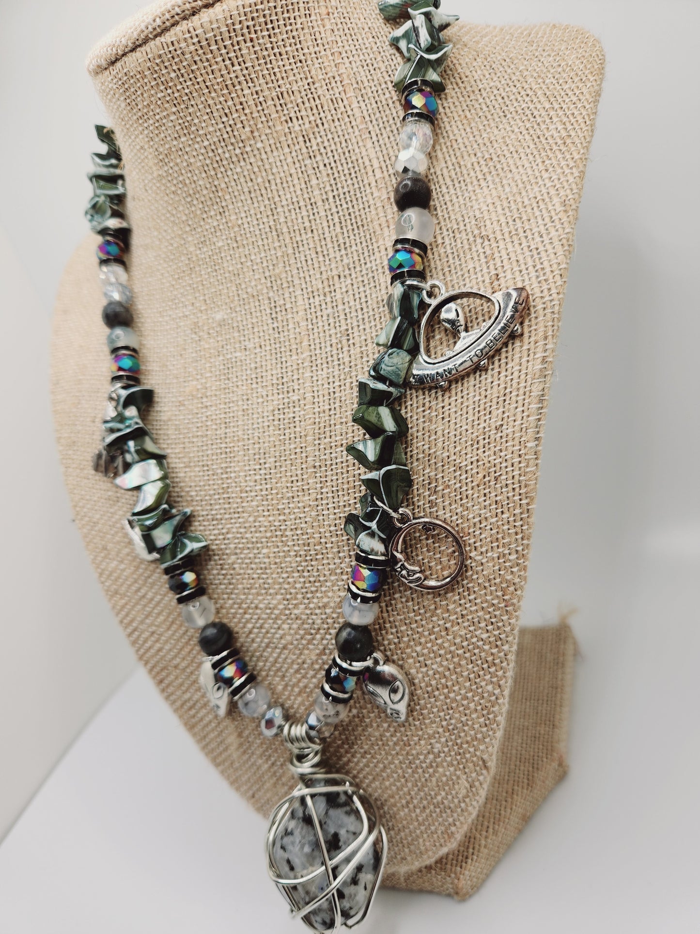 Moonstone Necklace with Charms, Wire Wrap Crystal Necklace