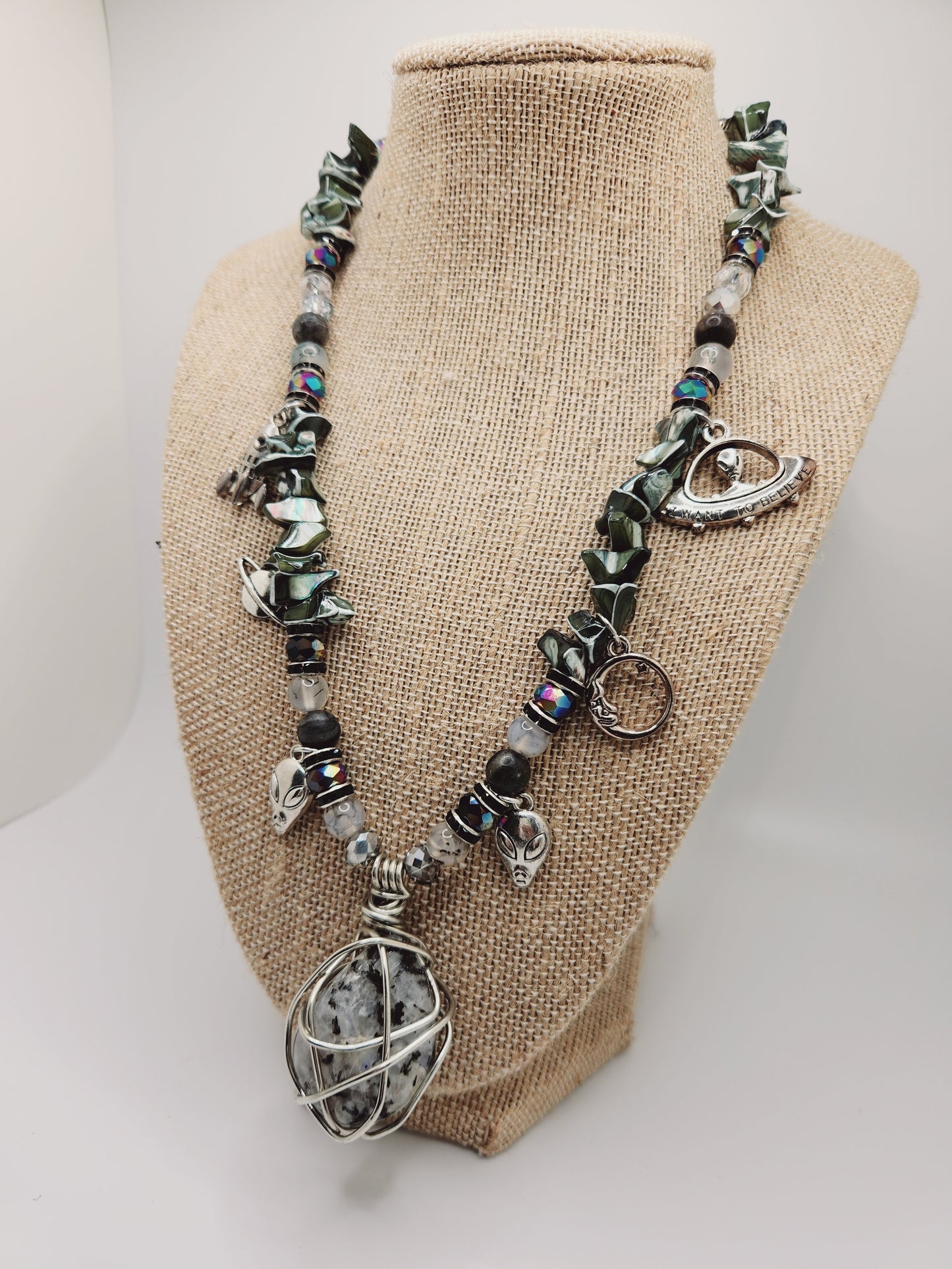 Moonstone Necklace with Charms, Wire Wrap Crystal Necklace