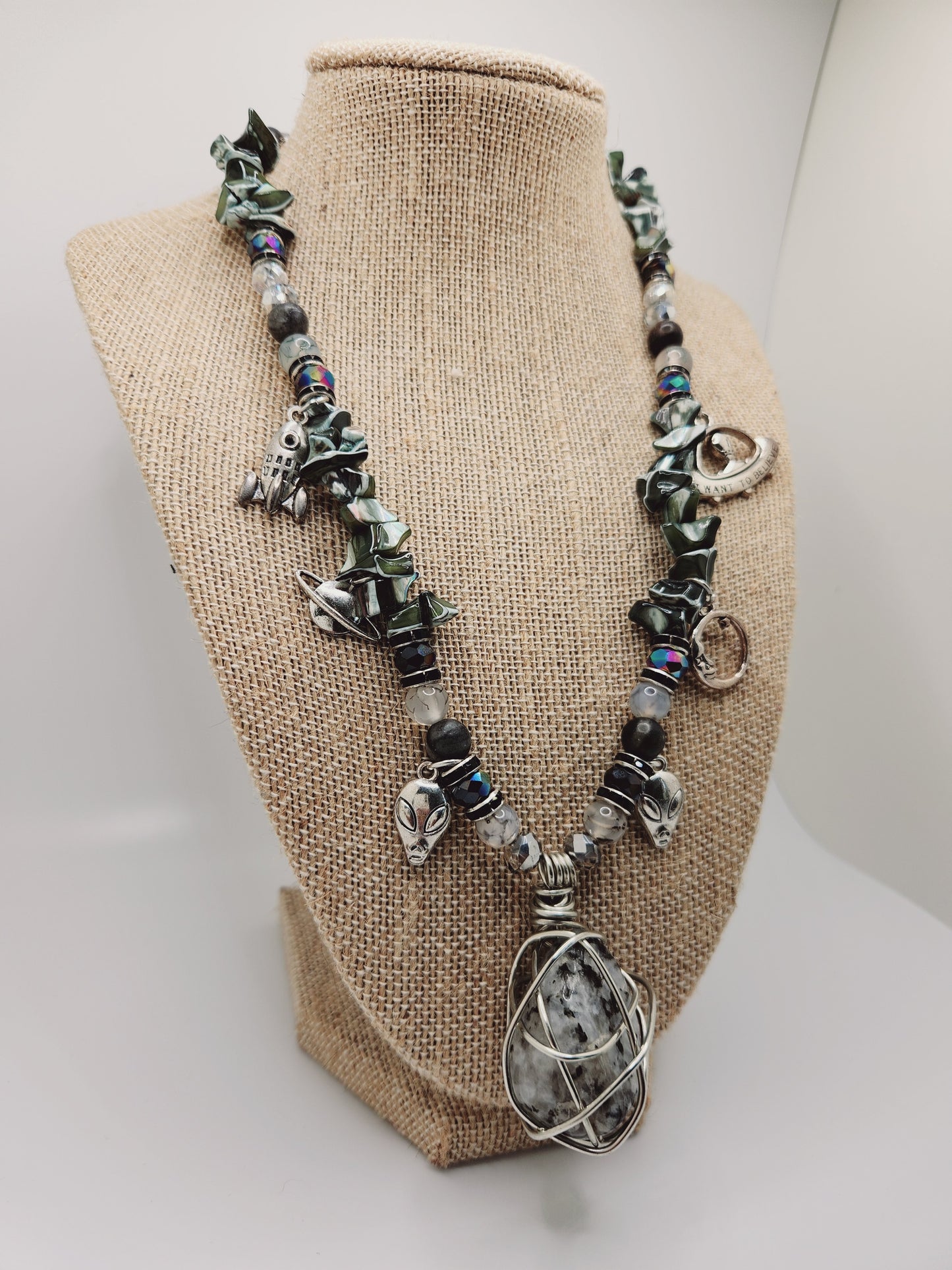 Moonstone Necklace with Charms, Wire Wrap Crystal Necklace