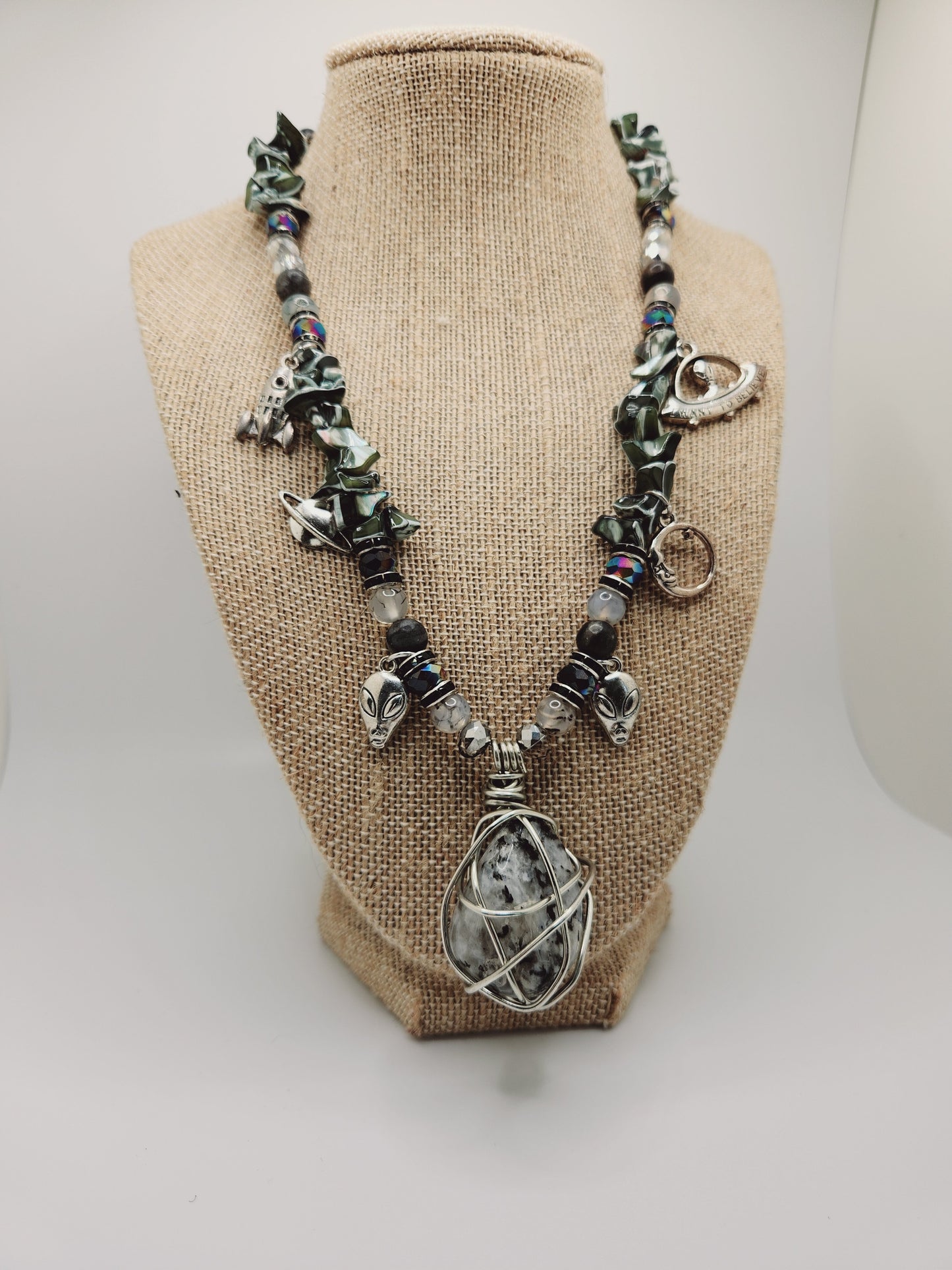 Moonstone Necklace with Charms, Wire Wrap Crystal Necklace