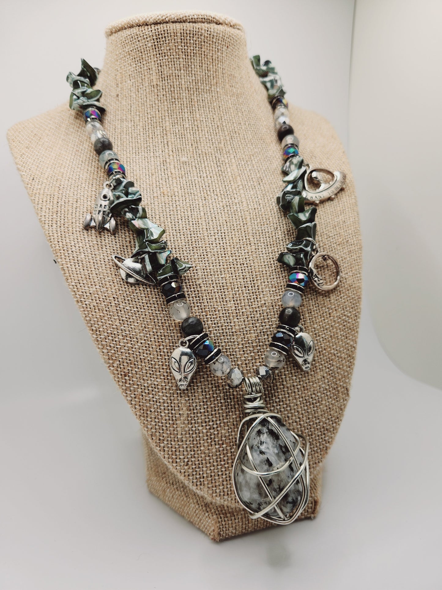 Moonstone Necklace with Charms, Wire Wrap Crystal Necklace