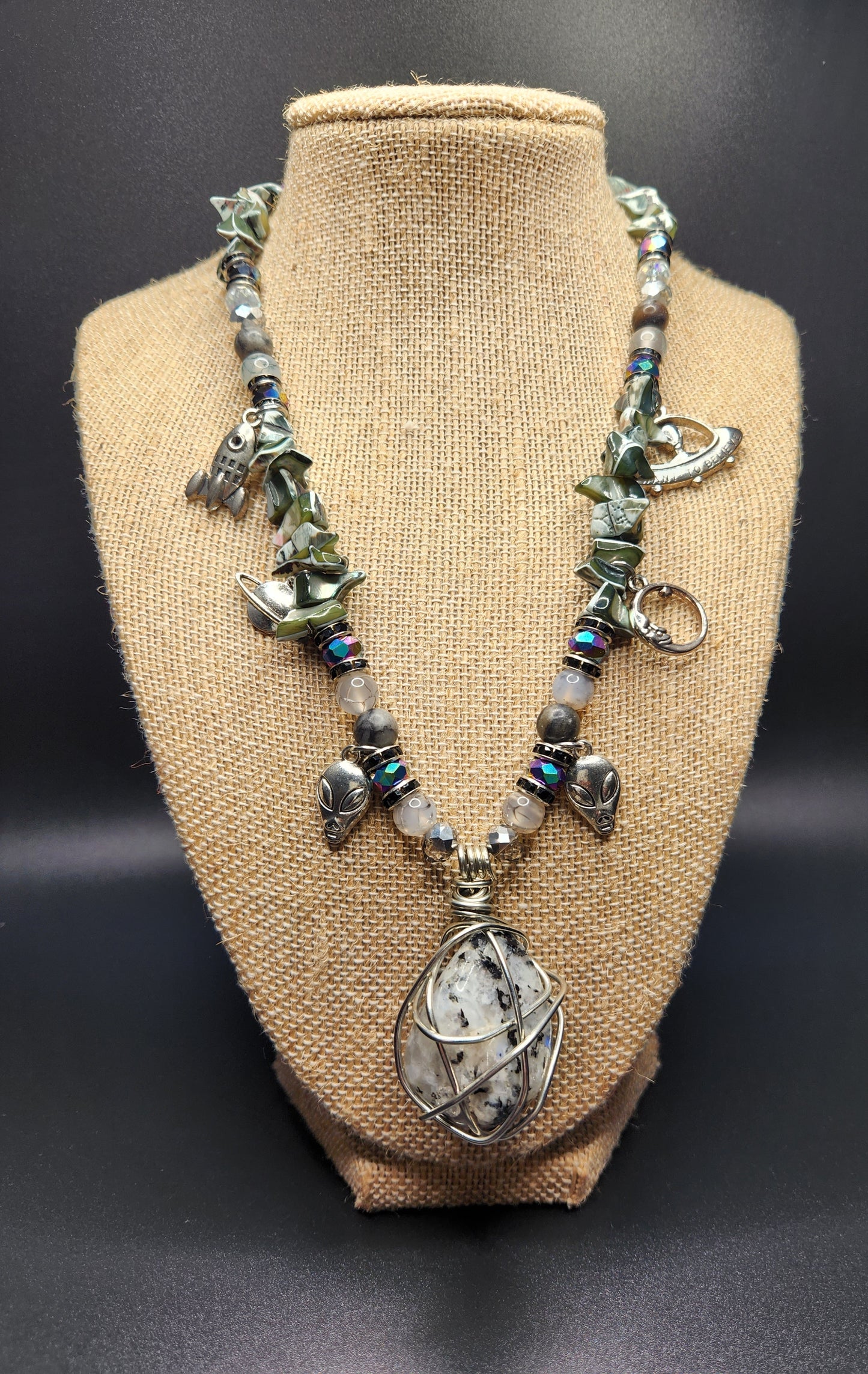 Moonstone Necklace with Charms, Wire Wrap Crystal Necklace