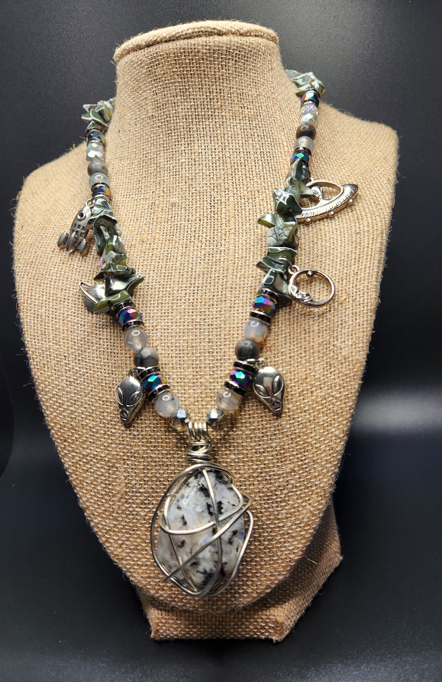 Moonstone Necklace with Charms, Wire Wrap Crystal Necklace
