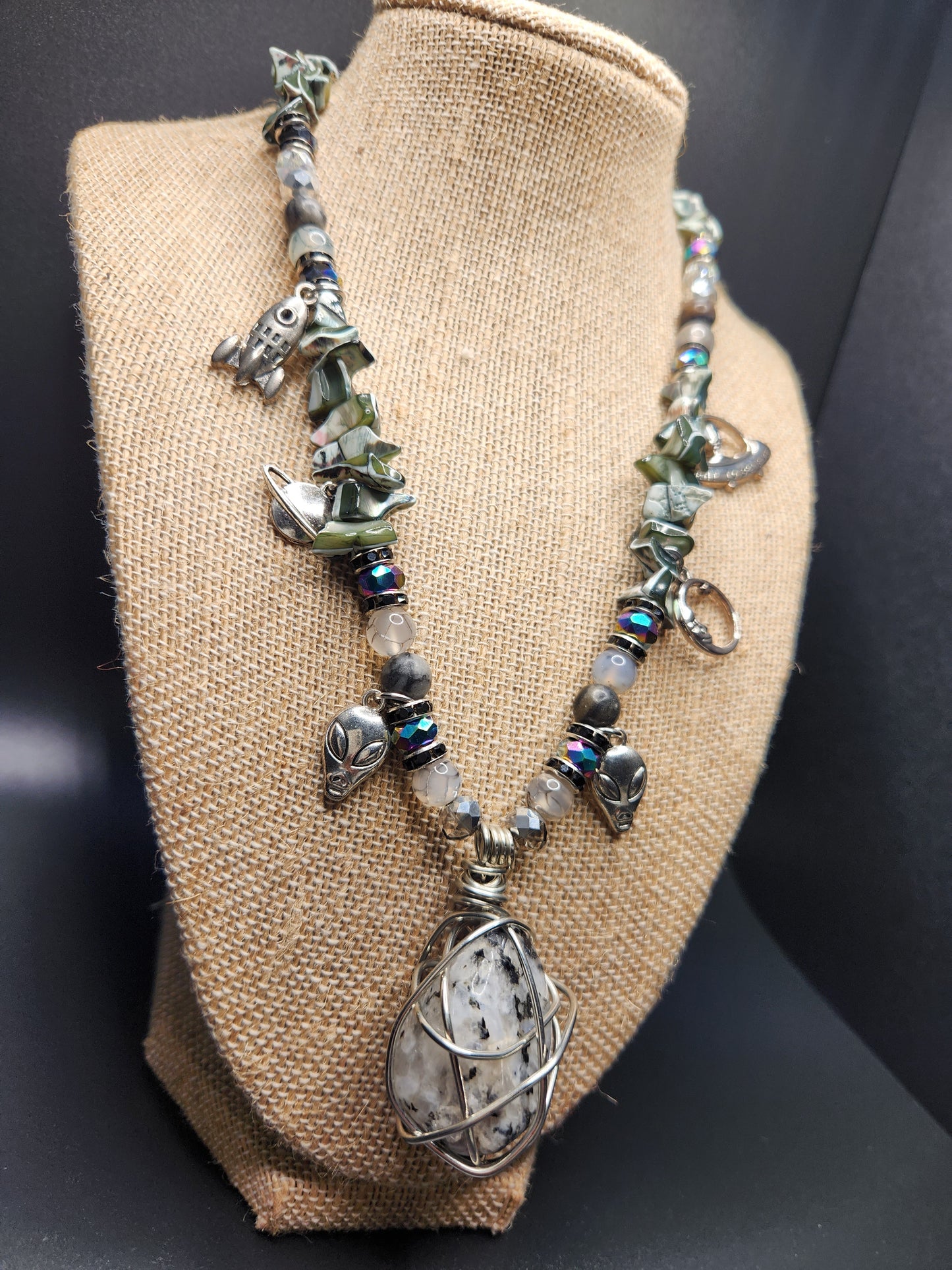 Moonstone Necklace with Charms, Wire Wrap Crystal Necklace