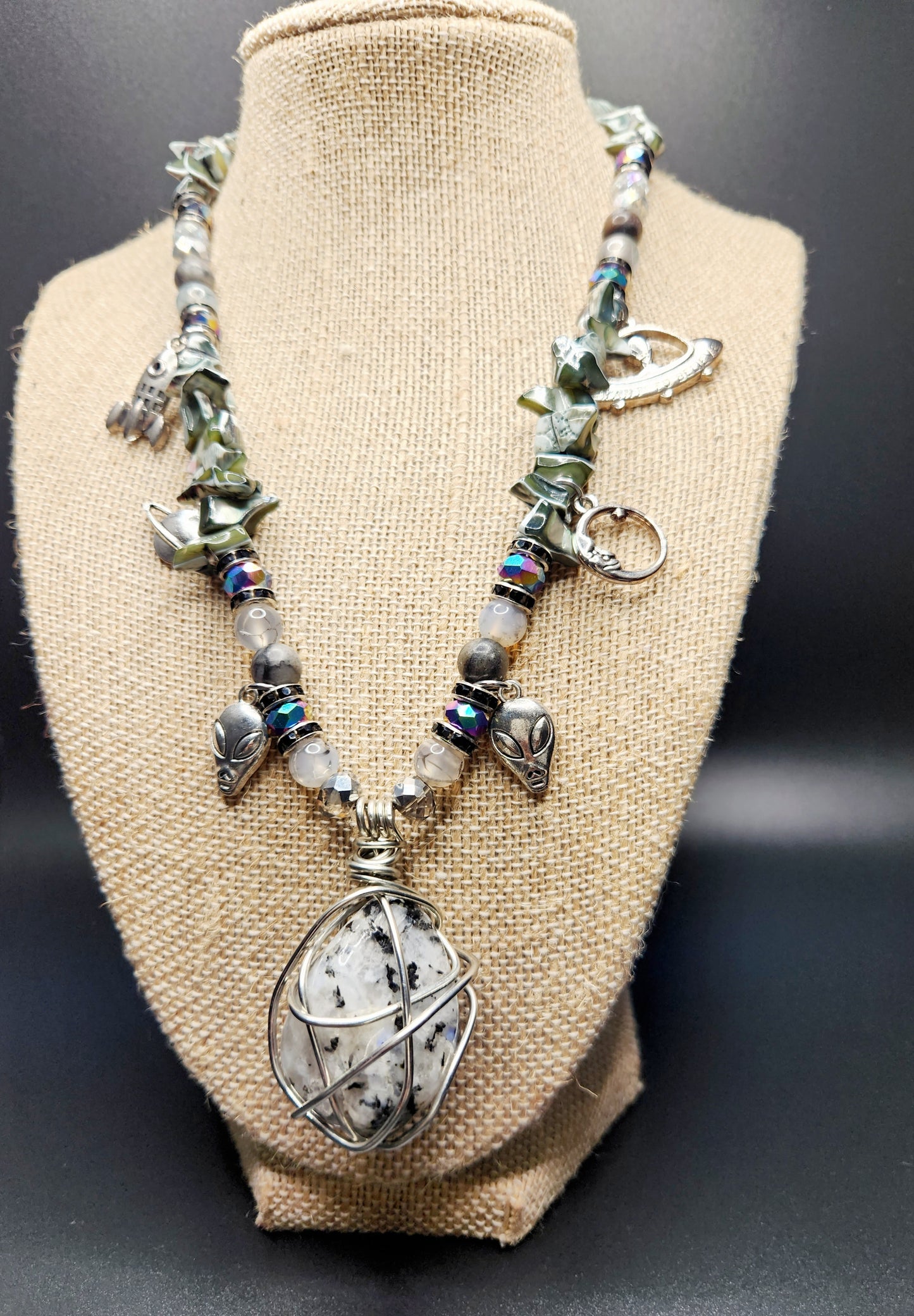 Moonstone Necklace with Charms, Wire Wrap Crystal Necklace