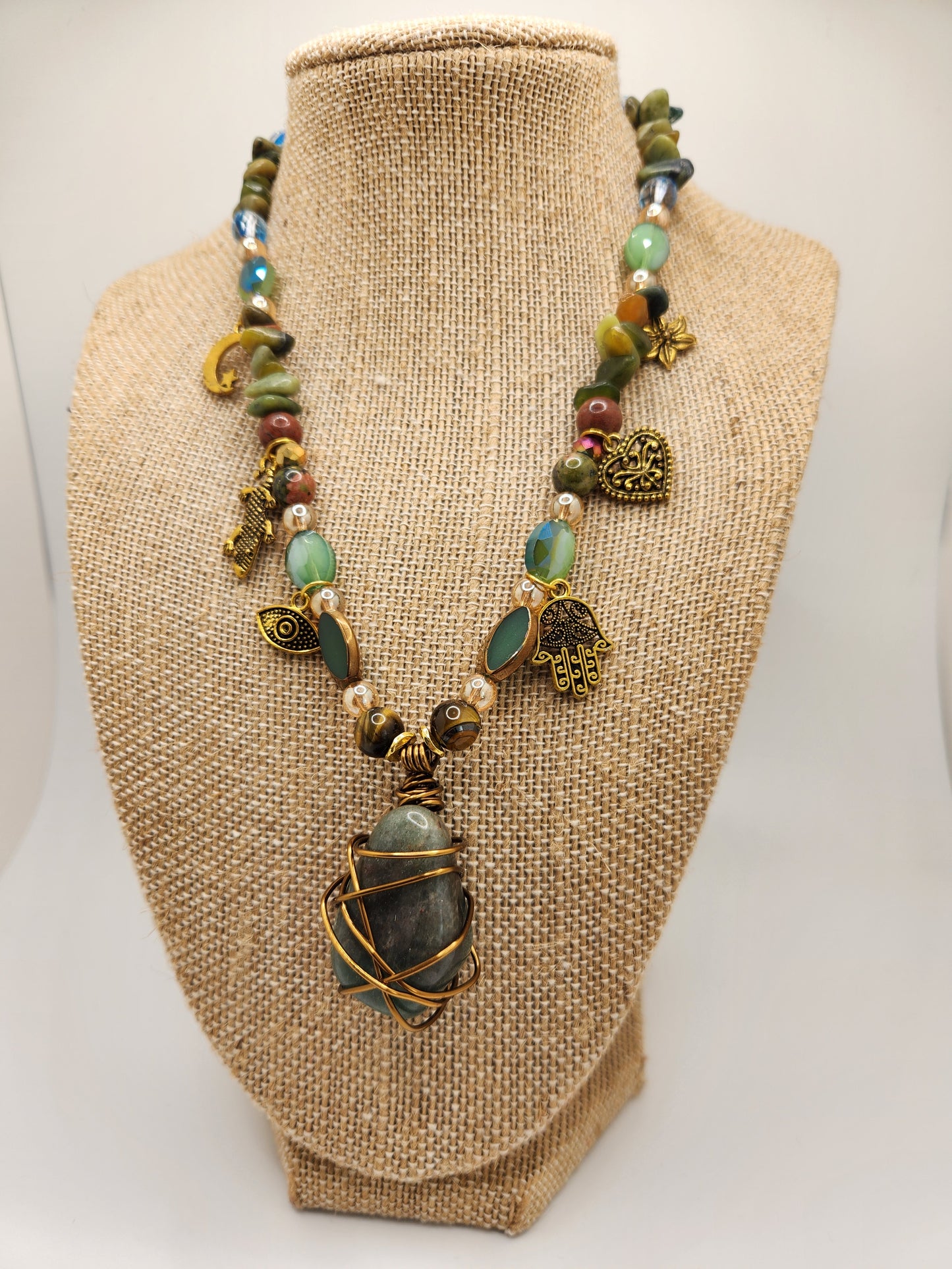 Green Adventurine Necklace with Charms, Wire Wrapped Crystal Necklace