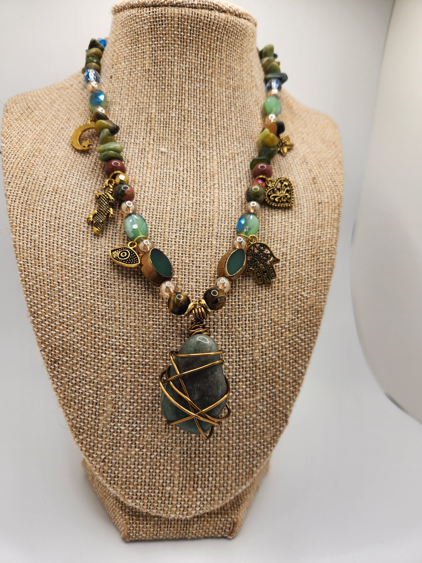 Green Adventurine Necklace with Charms, Wire Wrapped Crystal Necklace