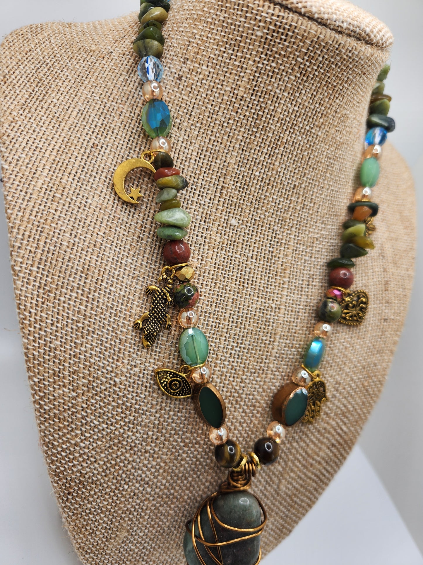 Green Adventurine Necklace with Charms, Wire Wrapped Crystal Necklace