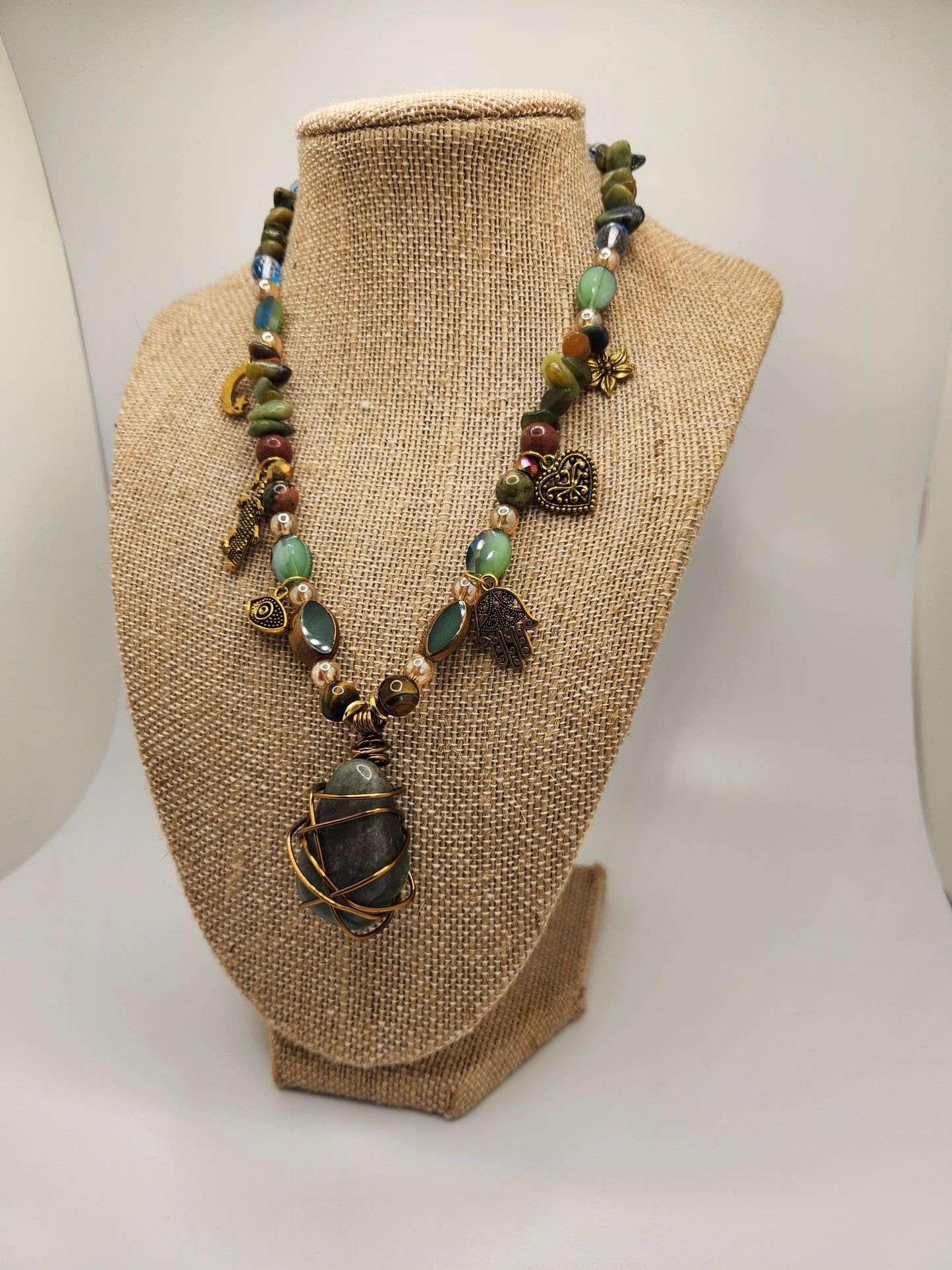 Green Adventurine Necklace with Charms, Wire Wrapped Crystal Necklace