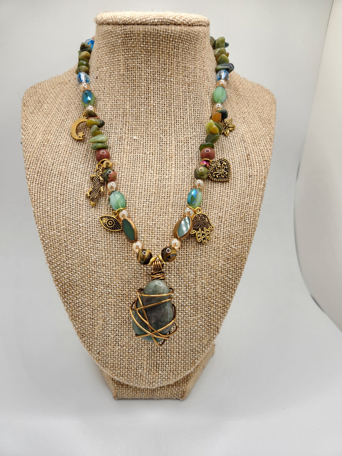 Green Adventurine Necklace with Charms, Wire Wrapped Crystal Necklace