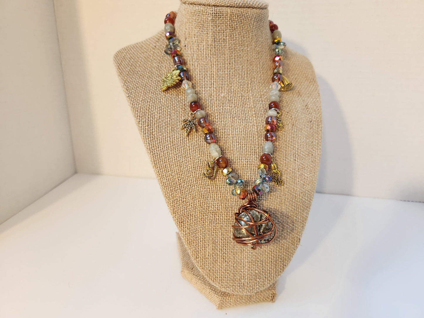 Pyrite Necklace with Charms, Wire Wrap Crystal Necklace