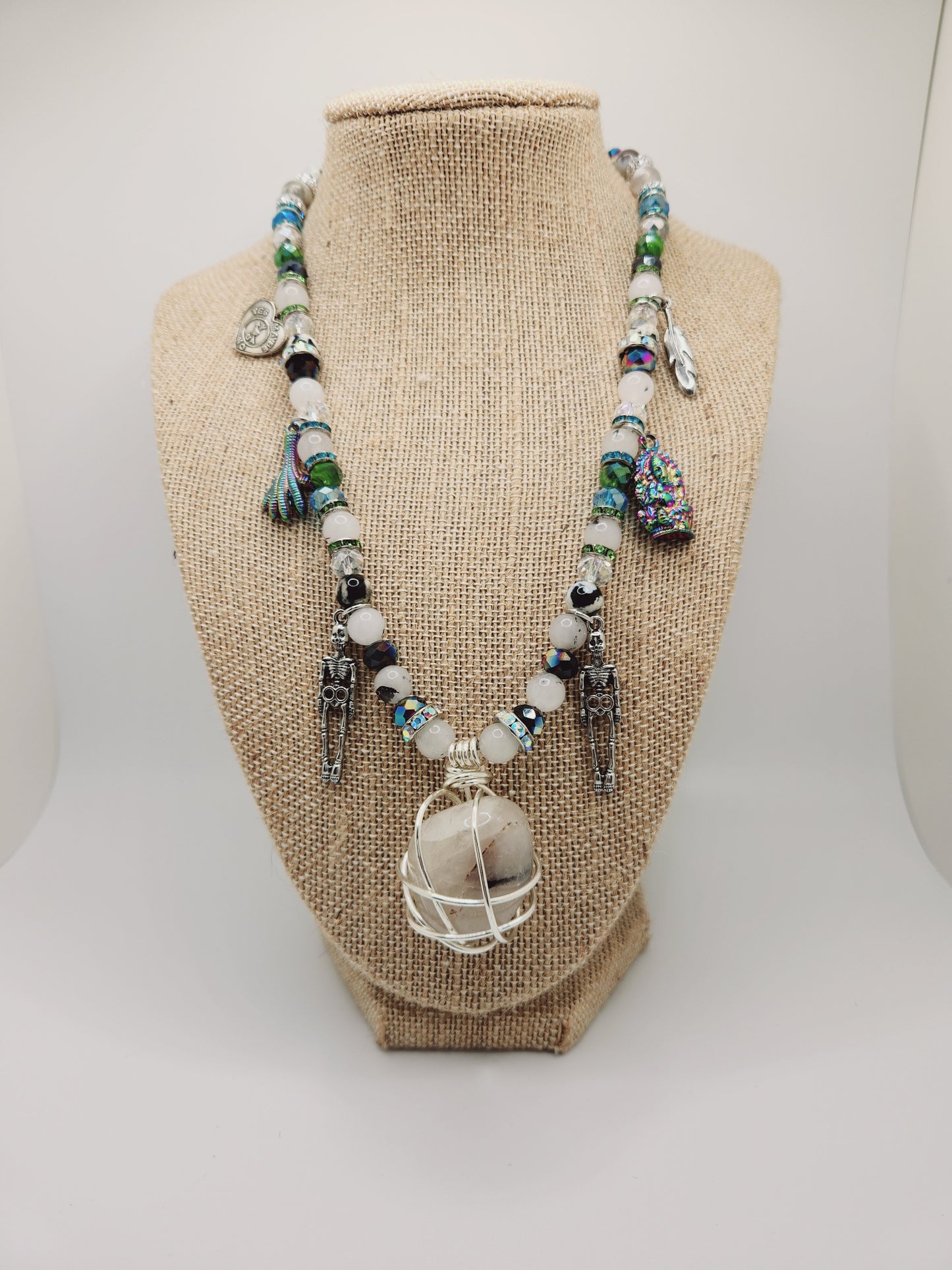 Tourmalated Quartz Necklace with Charms, Wire Wrap Crystal Necklace