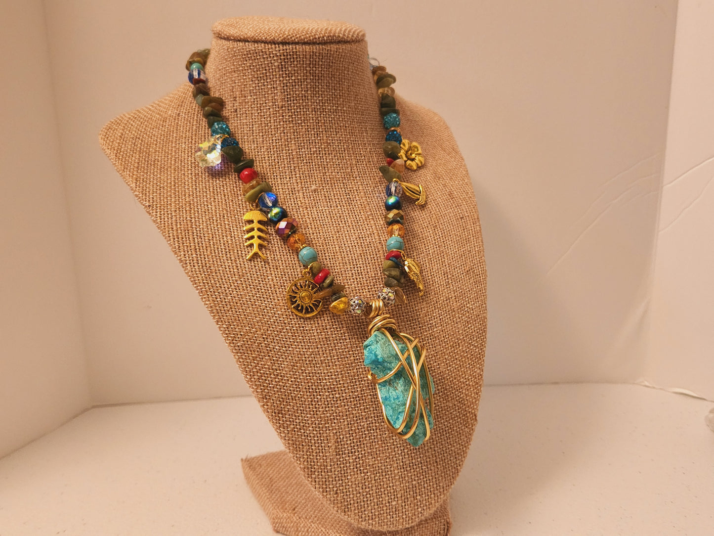 Chrysocolla Necklace with Charms, Wire Wrap Crystal Necklace