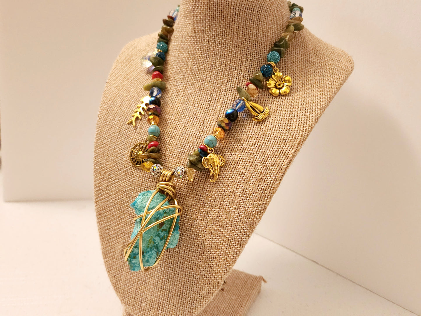 Chrysocolla Necklace with Charms, Wire Wrap Crystal Necklace