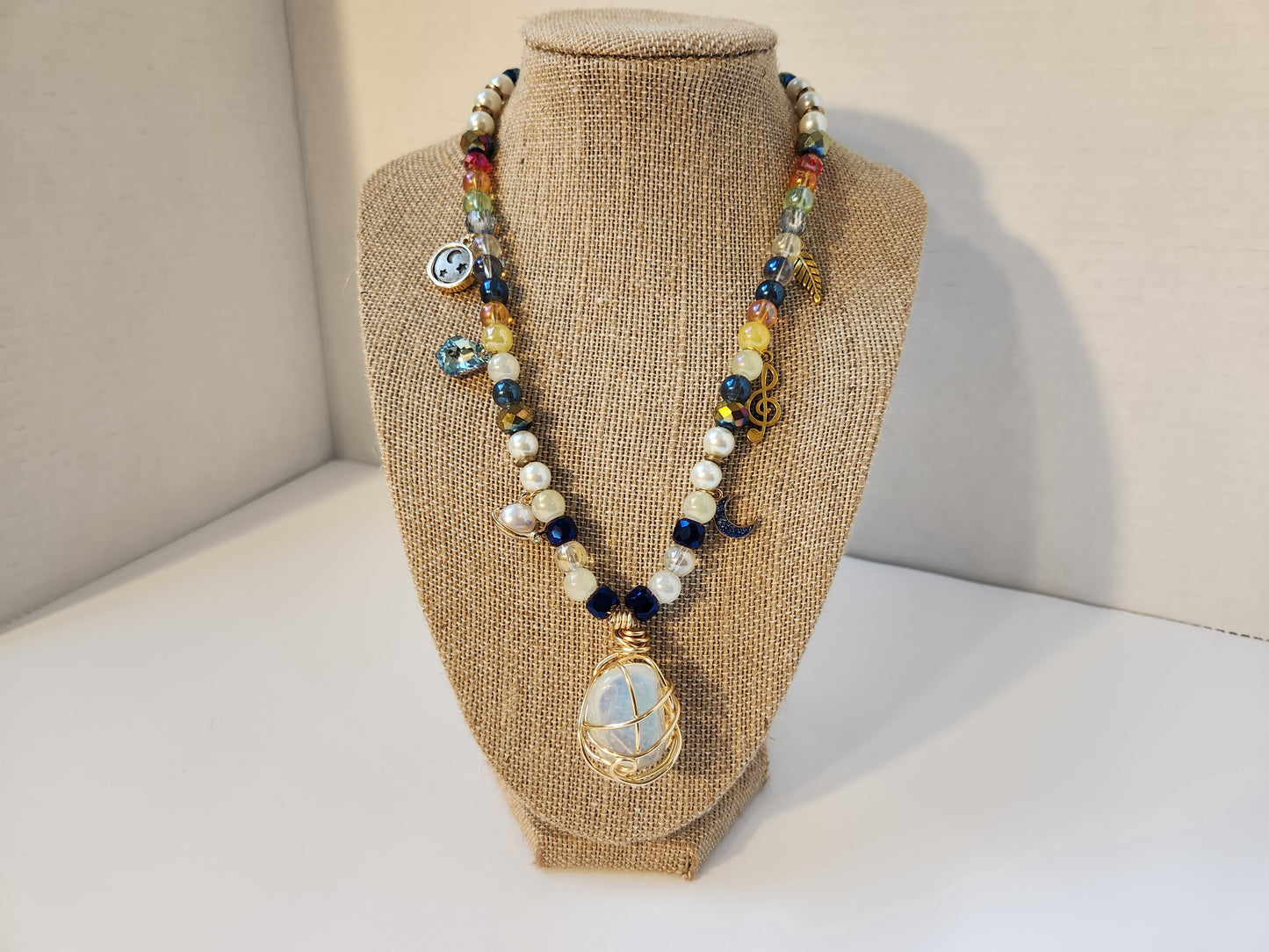 Opalite Necklace with Charms, Wire Wrap Crystal Necklace