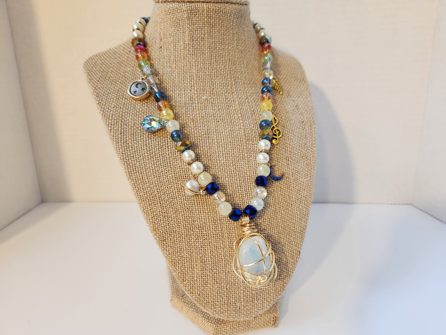 Opalite Necklace with Charms, Wire Wrap Crystal Necklace