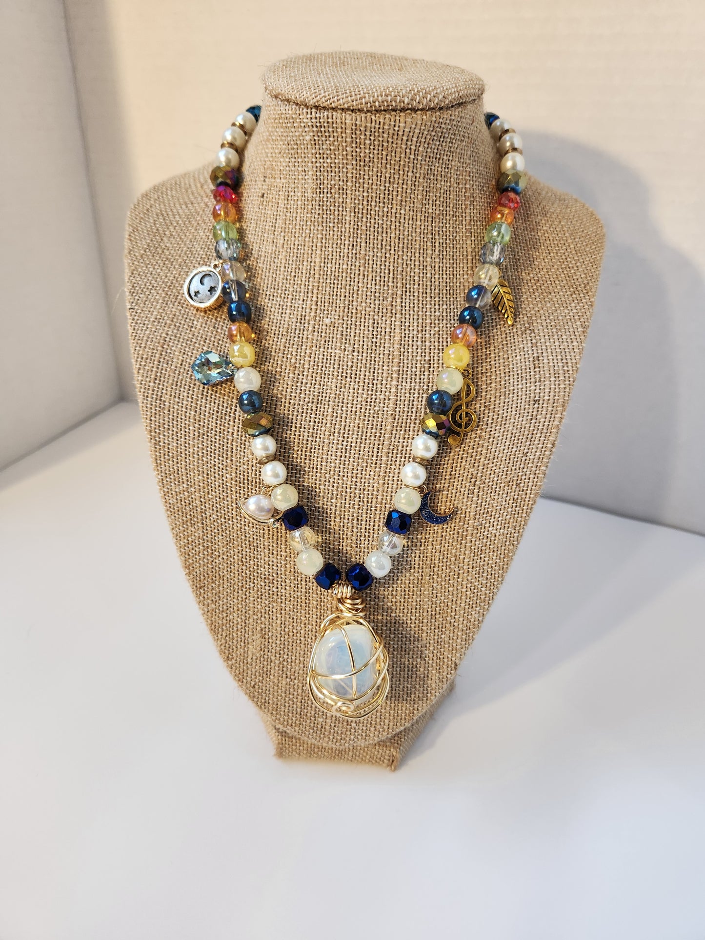 Opalite Necklace with Charms, Wire Wrap Crystal Necklace