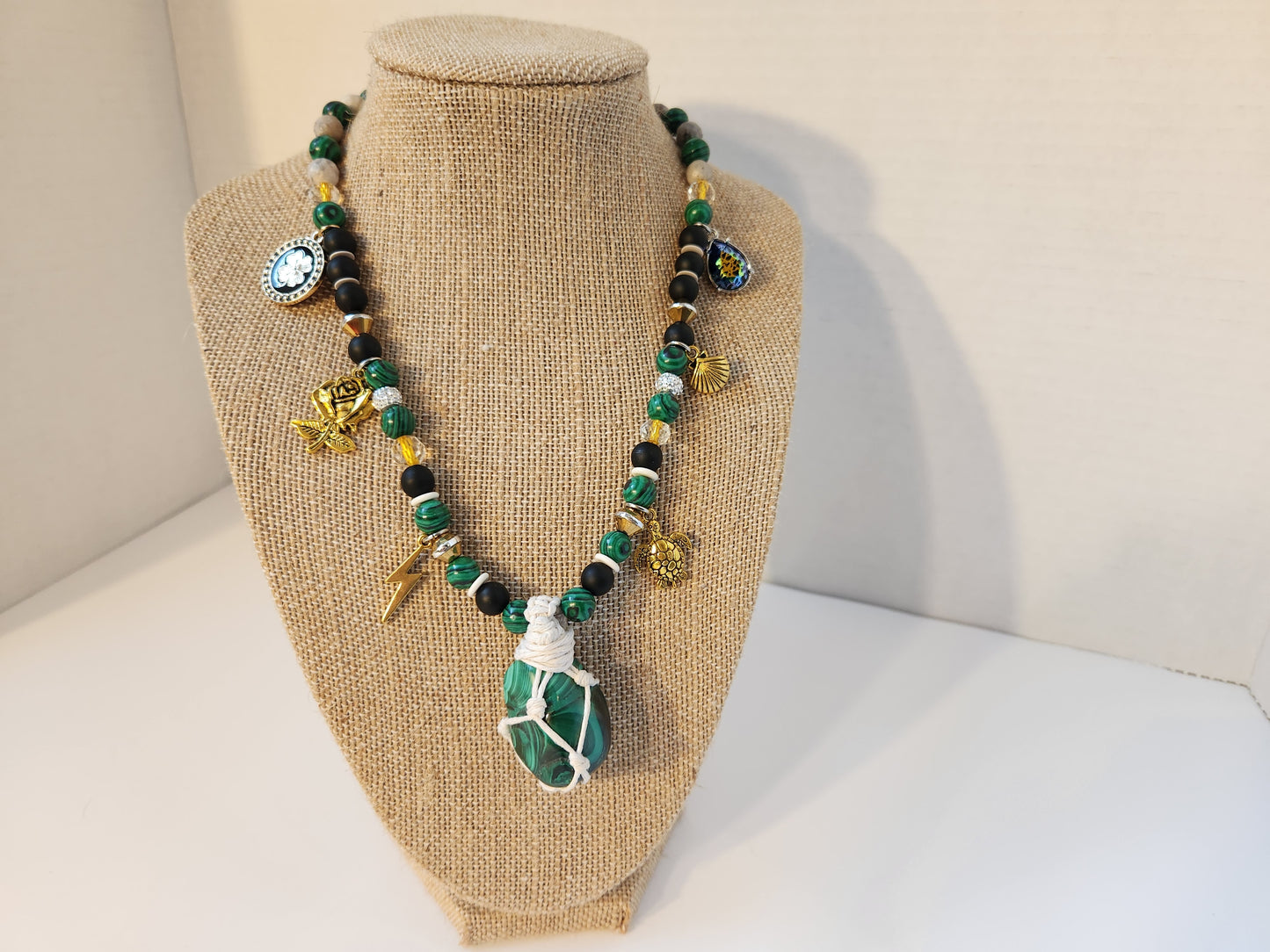 Malachite Necklace with Charms, Macrame Wrap Crystal Necklace