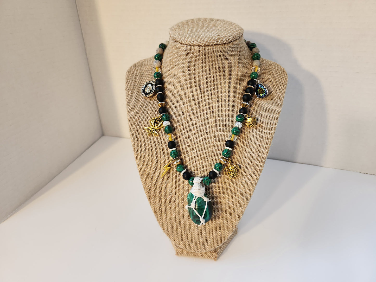 Malachite Necklace with Charms, Macrame Wrap Crystal Necklace