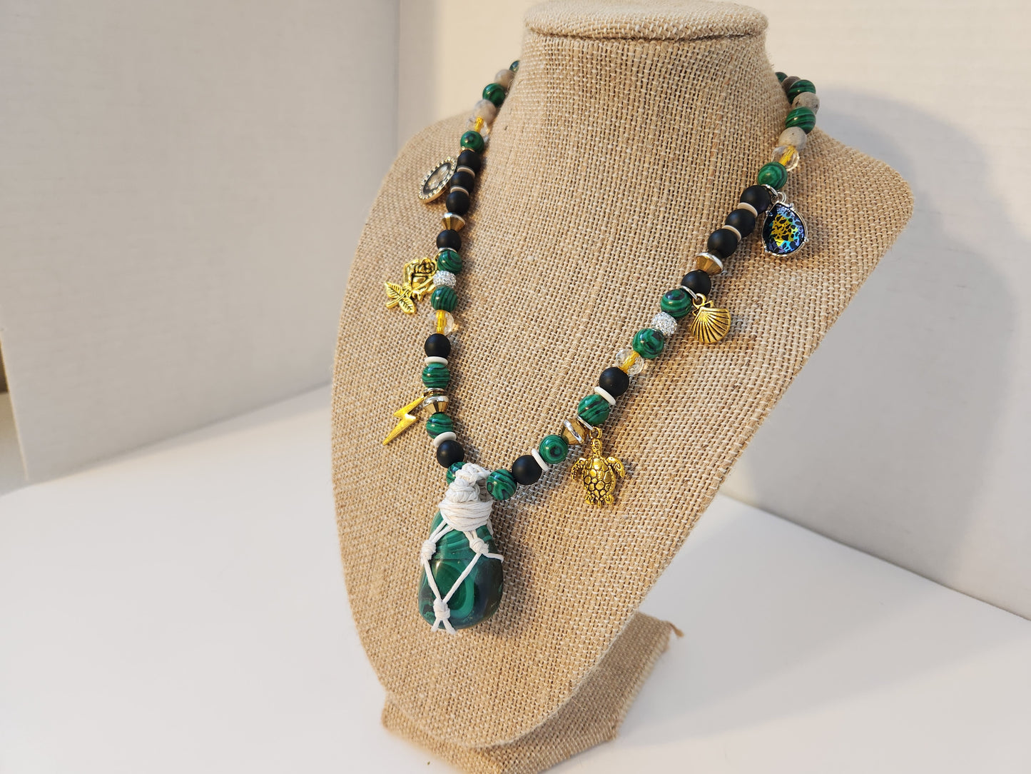 Malachite Necklace with Charms, Macrame Wrap Crystal Necklace