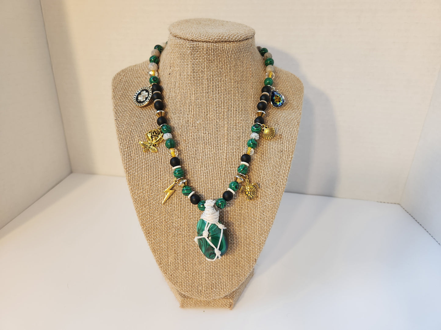 Malachite Necklace with Charms, Macrame Wrap Crystal Necklace